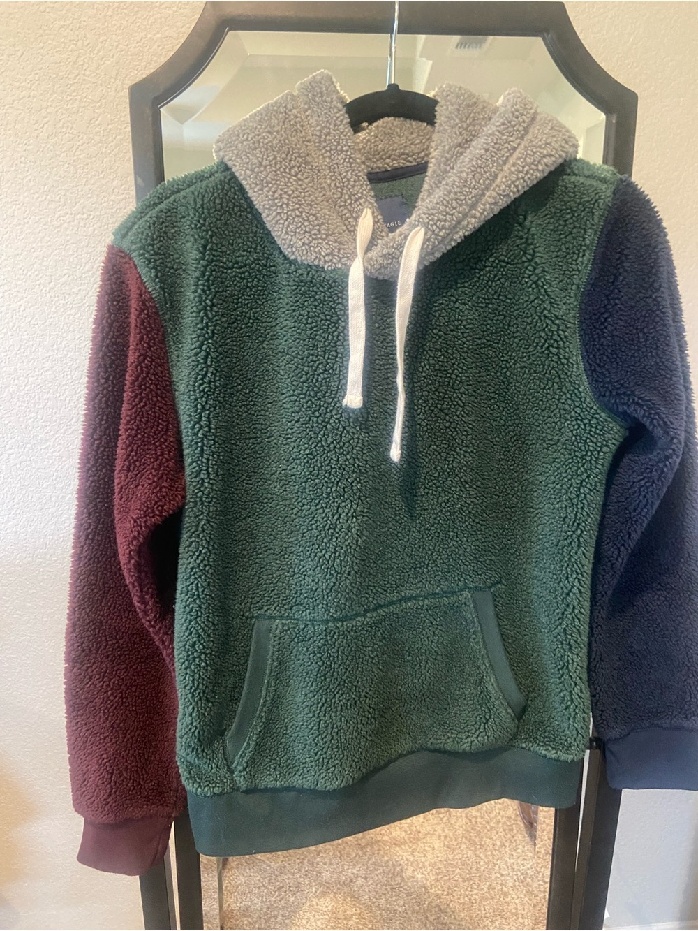 Men's Sherpa Hoodie Sweatshirt - Forest Green with Burgundy & Navy Sleeves